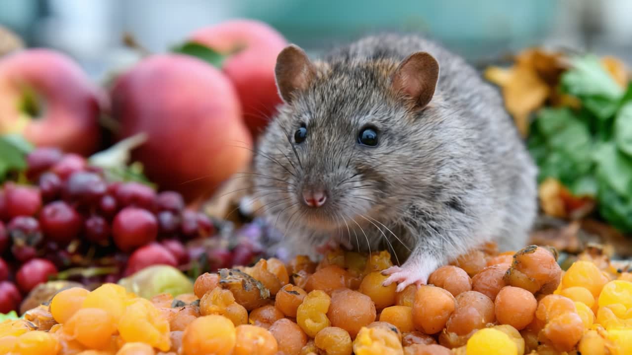 Un topolino carino e curioso circondato da frutta e verdura colorate: Un primo piano del piccolo cercatore di cibo della natura