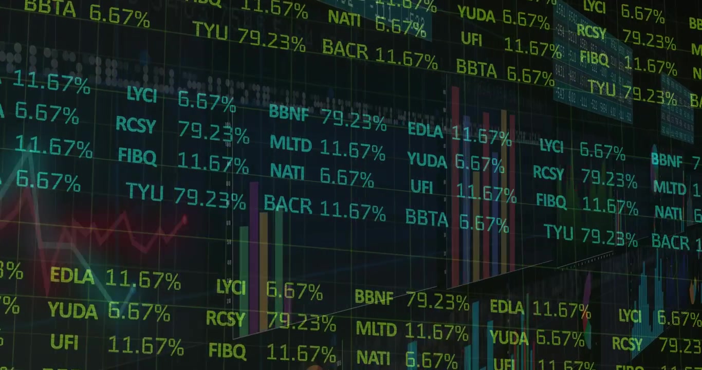 Opening curved LED display showing color bars updating values scrolling tickers visualizing stocks