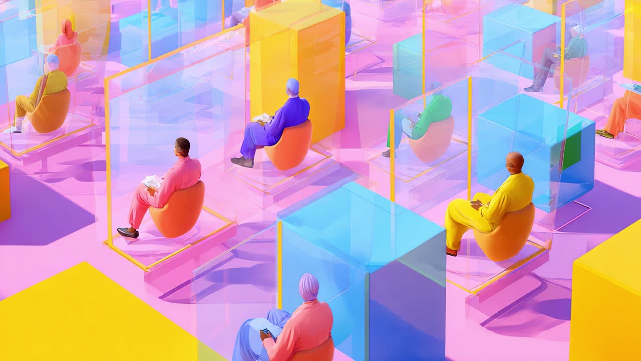A Vibrant Assembly of Colorful Abstract Figures Engaged in a Situated Environment of Transparent Structures and Bright Geometric Forms, Capturing the Essence of Modern Interaction