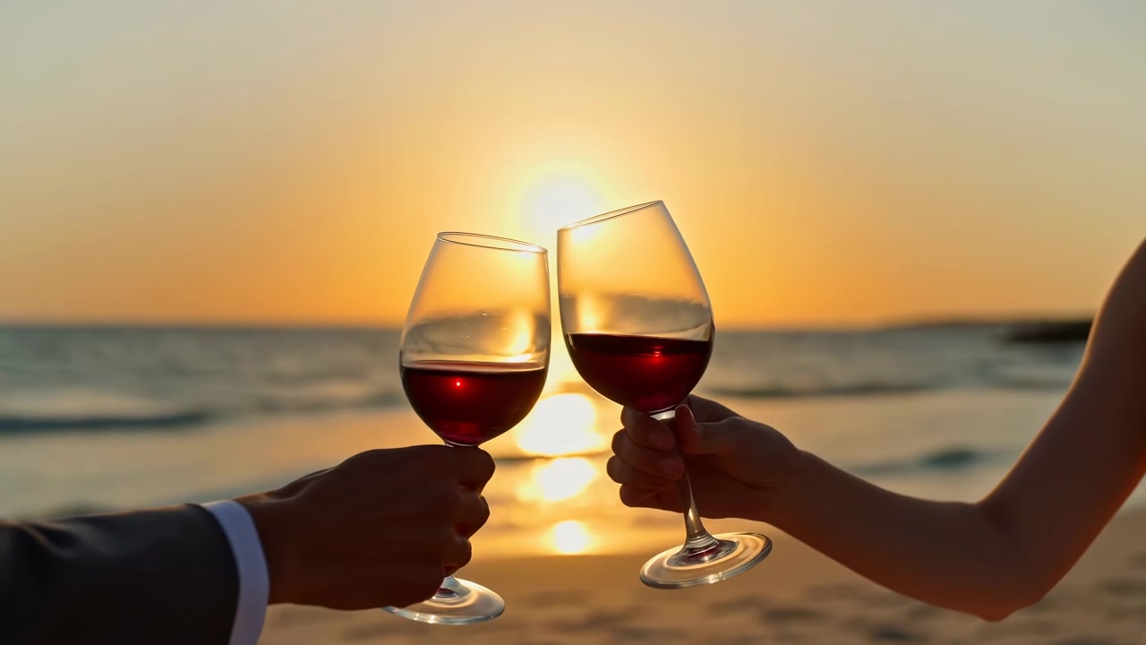 Hands bring two stemmed glasses together in a slow toast as sun lowers over sea horizon, with amber sky, soft waves, and bright reflection creating warm coastal evening atmosphere.