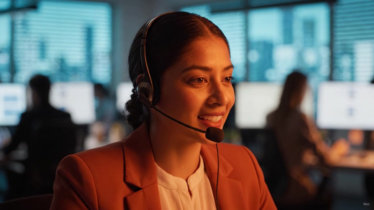 Donna professionista in un ambiente di call center, impegnata in una conversazione mentre fornisce un efficiente supporto clienti tramite cuffie in un moderno ufficio