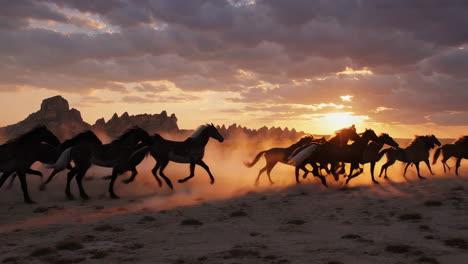 a herd of wild horses galloping through a dusty landscape at sunset