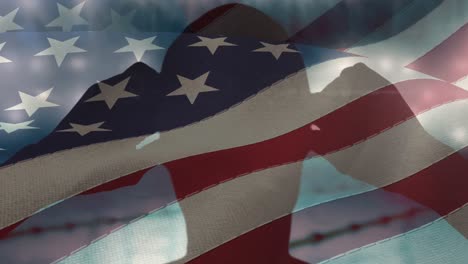 Waving-american-flag-over-silhouette-of-male-swimmer-wearing-swimming-glasses-against-swimming-pool