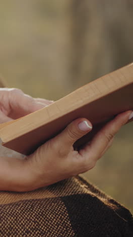 primer plano de la mano con un brazalete volviendo una página de un libro en una suave manta a cuadros, la cálida luz dorada del sol resalta los detalles, creando una atmósfera pacífica, acogedora y nostálgica