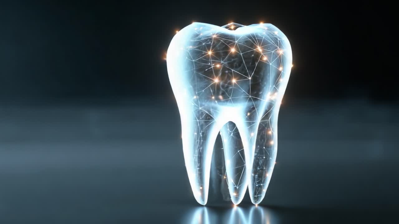 Digital Tooth Model: A Stunning 3D Visual Representation of Dental Science Showcasing a Transparent Tooth Structure with Intricate Network Design and Illuminated Elements