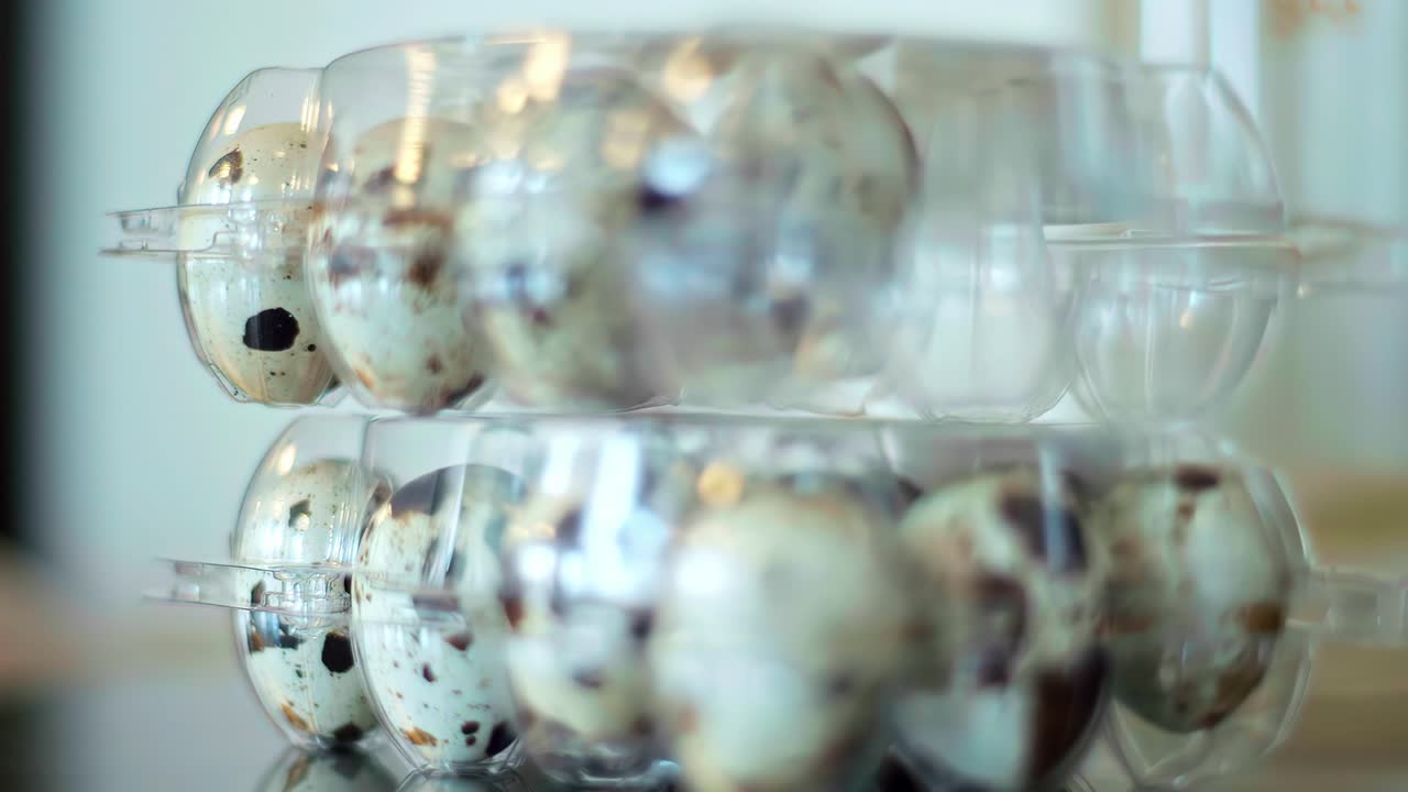 Close up of quail eggs packed in clear plastic egg cartons. Food packaging scene with speckled shells, stacked transparent trays and fresh product presentation for retail or storage