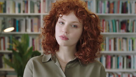 portrait of seductive young librarian woman standing in library attractive student smiling close up