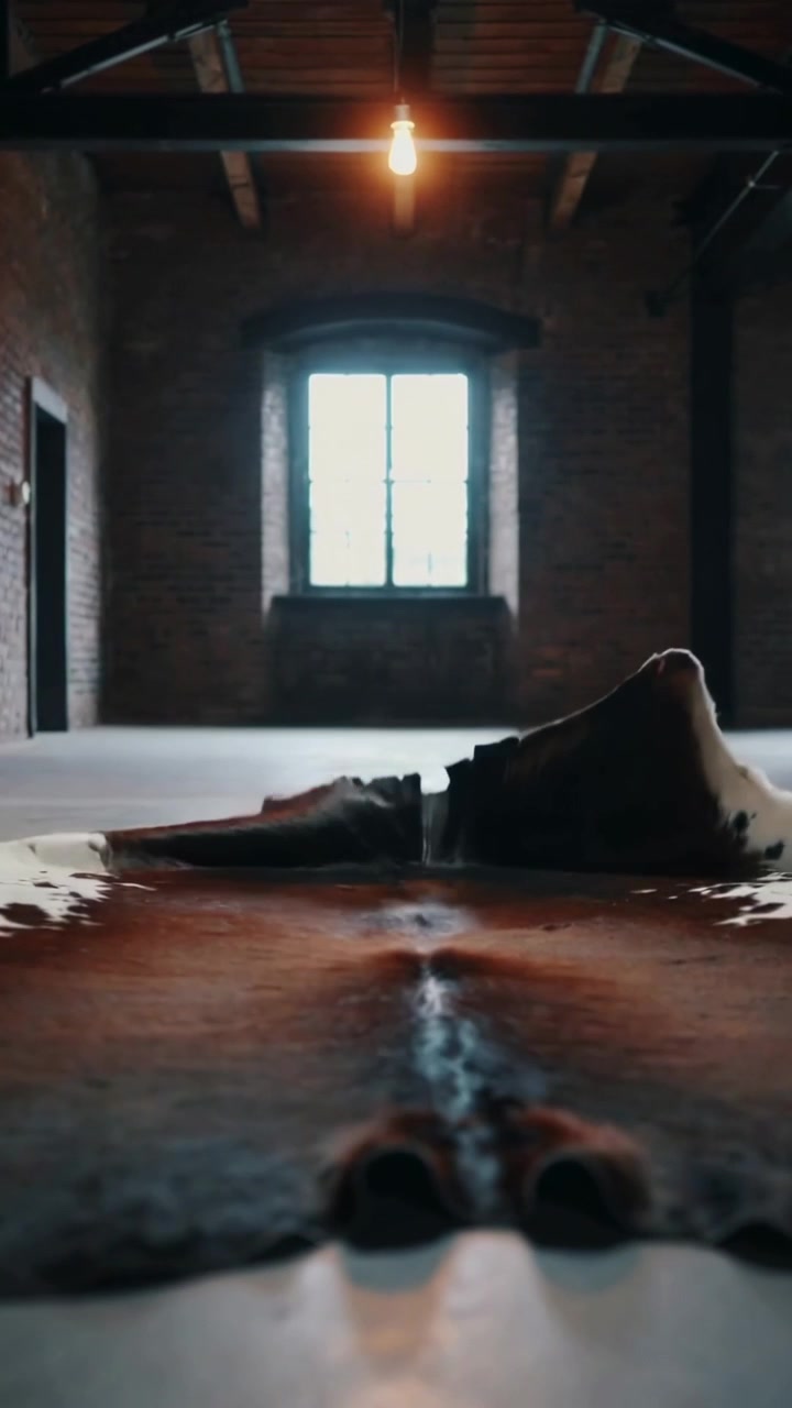 Video verticale: L'obiettivo si allontana rivelando un tappeto in pelle di mucca sul pavimento di un loft, per dare un'idea delle dimensioni, con una lampadina a vista.