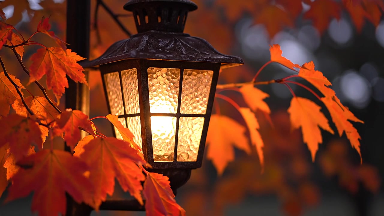 Lanterna vintage luminosa tra vivaci foglie d'acero autunnali arancioni