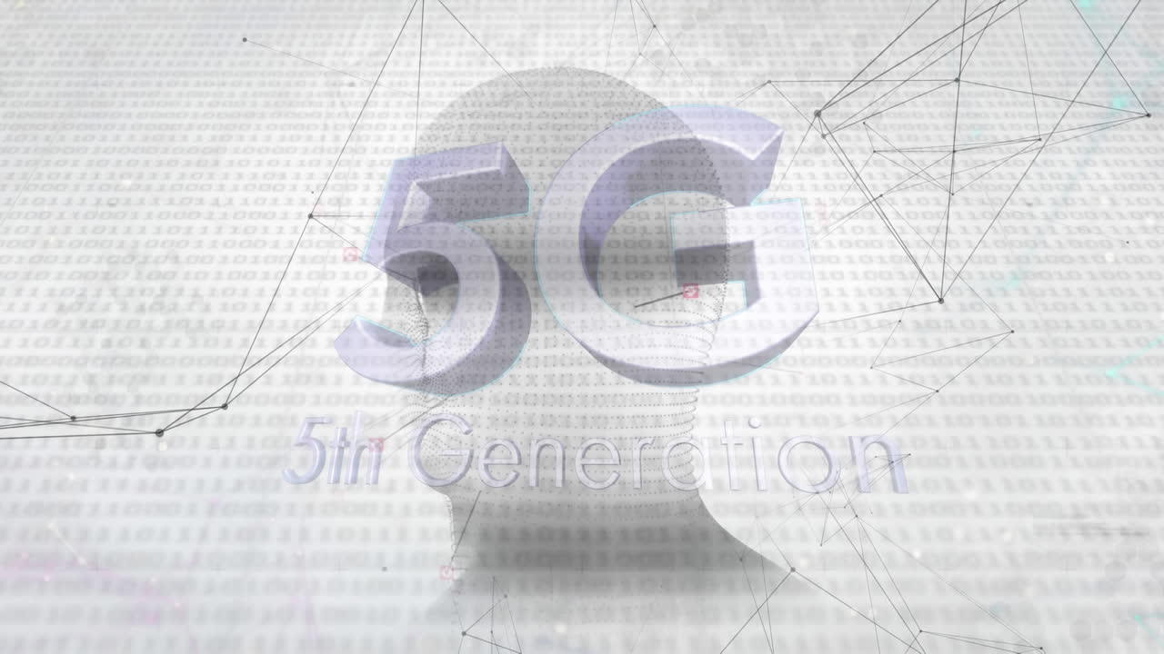la animación 5g muestra texto sobre una cabeza con un fondo de red global.