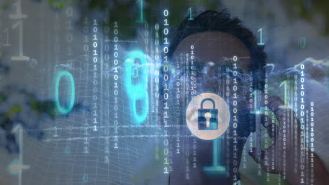 animation of binary coding over caucasian man talking on smartphone against clouds in the sky