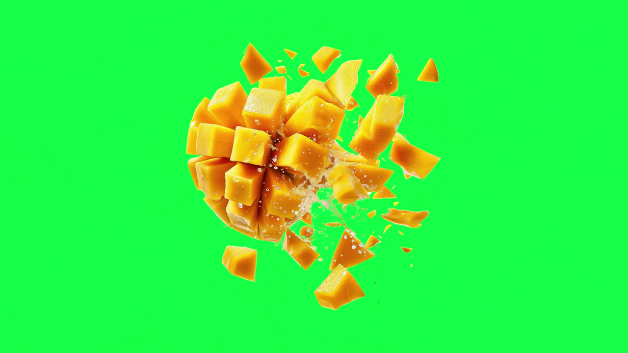 Vibrant mango cubes explosion animated overlay, transparent 4K video, alpha channel, ProRes 4444