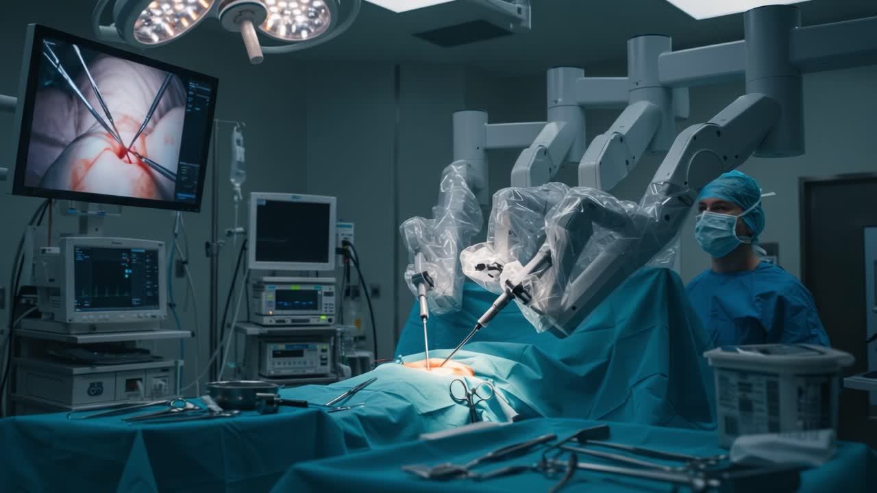 Advanced Robotic Surgery in Action: A Surgical Team Utilizing State-of-the-Art Technology for Precision Procedures in a Modern Operating Room Setting