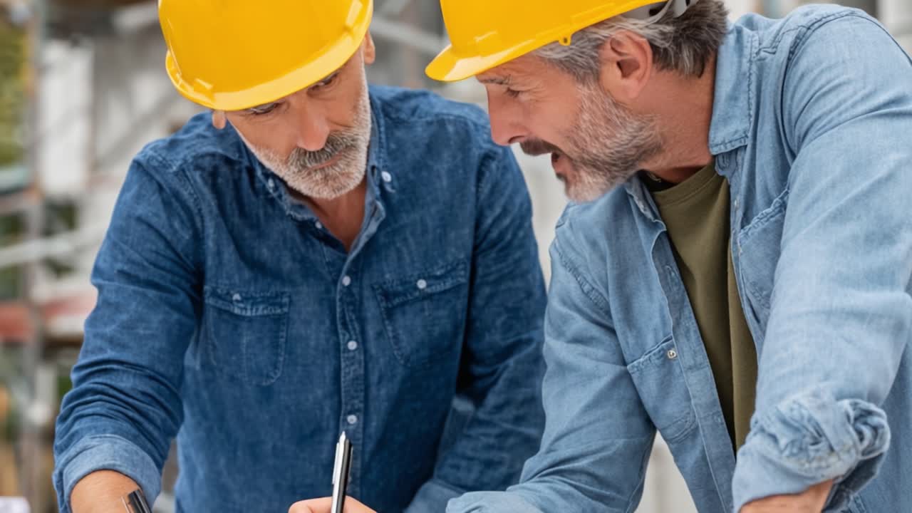 Two construction workers in hard hats collaborating on a project, examining plans and discussing details to ensure precision in structure development