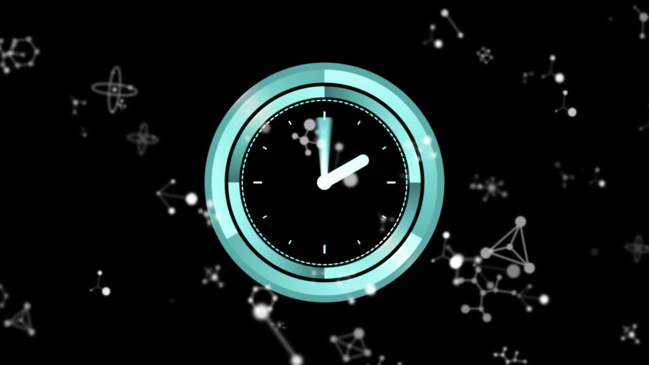 Animation of moving white connections and clock over black background