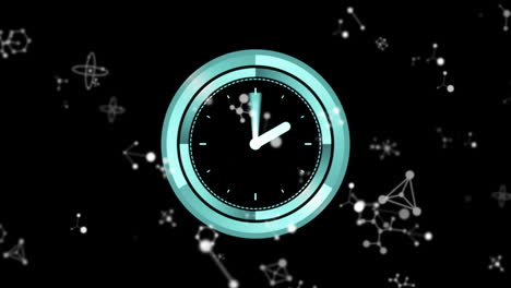 animación de conexiones blancas en movimiento y reloj sobre fondo negro