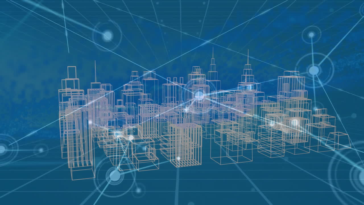 Animation of communication network over 3d plan of city buildings on blue background