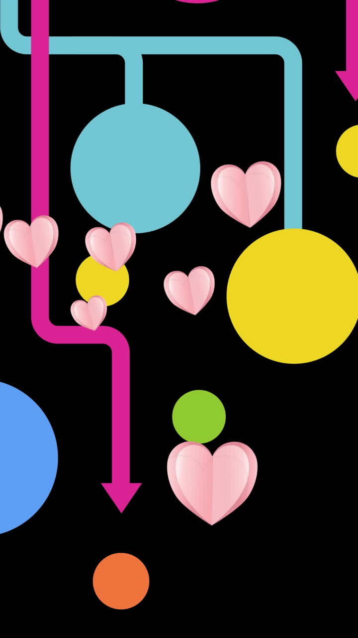 Animazione di cuori rosa che si muovono su una rete di connessioni su sfondo nero