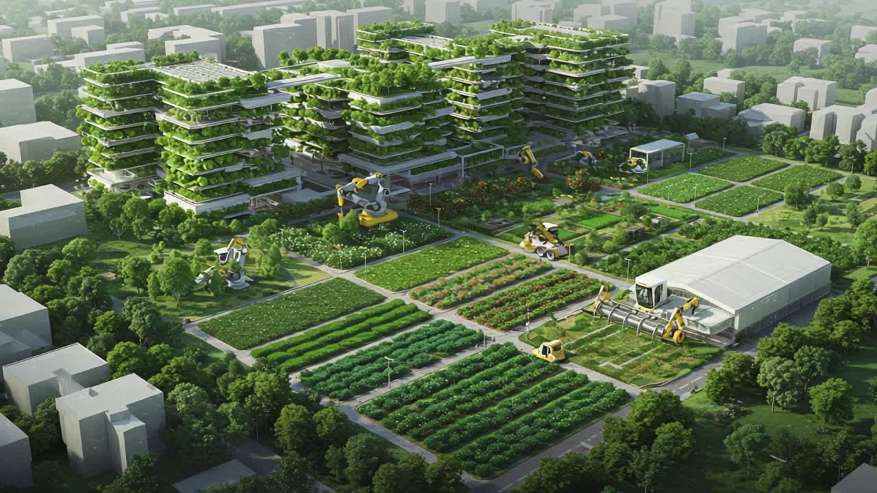 Innovative Urban Farm Design Showcasing Vertical Gardens and Advanced Robotics in a Lush Green Landscape Surrounded by Modern Architecture