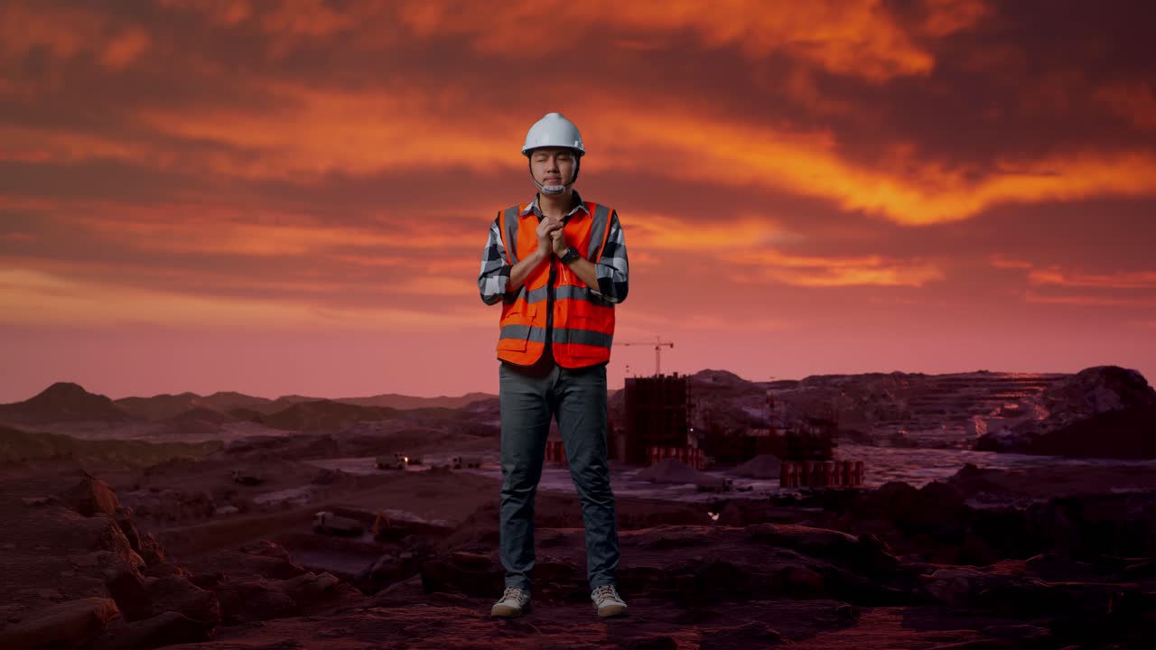 Construction Worker Praying at Sunset