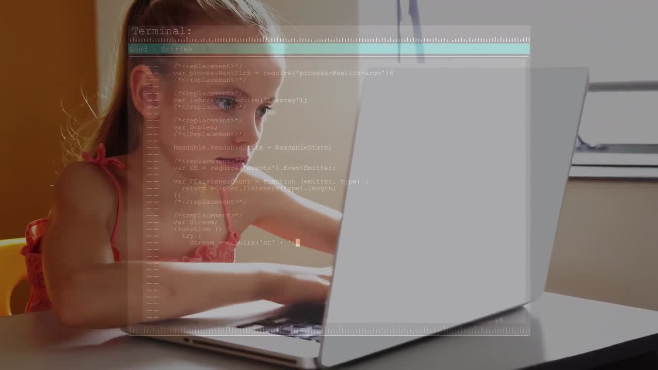 Animation of binary coding over schoolgirl using laptop and studying