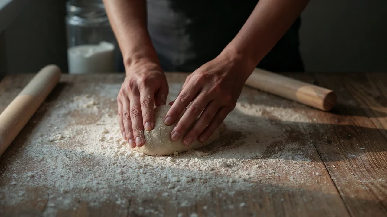 Placing palms, baker forming round dough on floured table in kitchen, with rolling pins, in apron