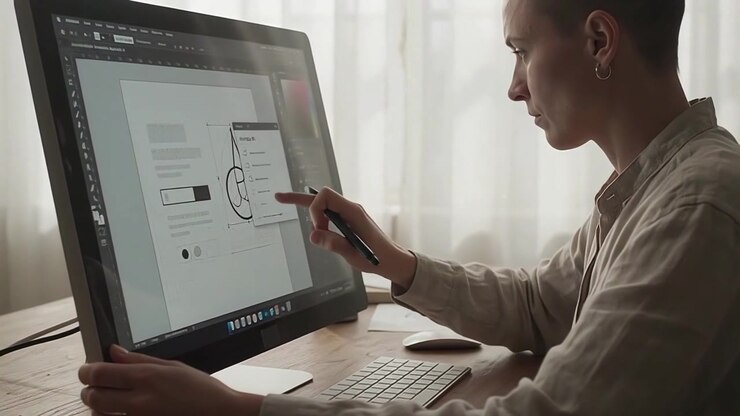 Grafisk designer bruger stylus-pen på touchscreen-skærm