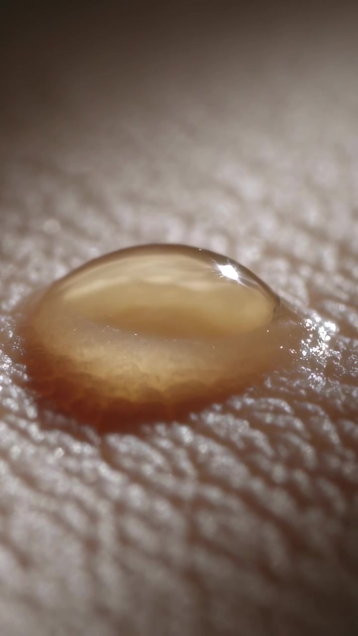 Video verticale: Gocciolina trasparente che si espande sulla pelle in macro, sotto l'effetto della gravità, formando una pellicola sottile.