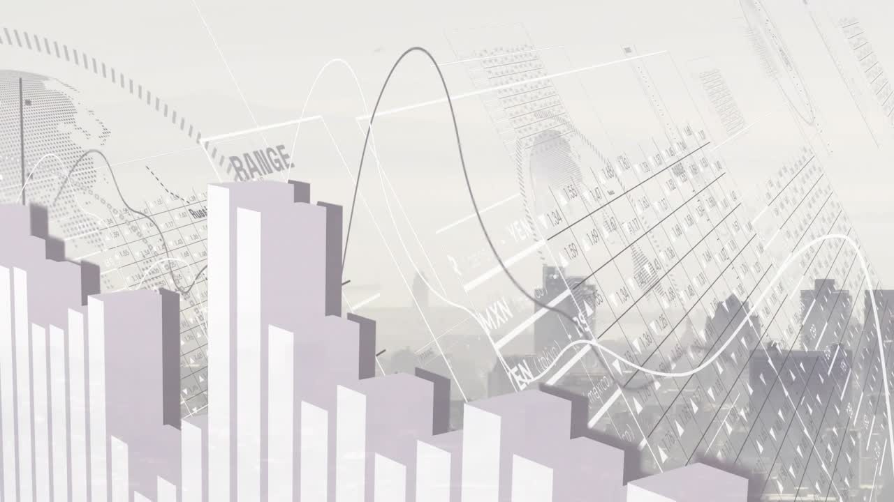 Data feed starting 3D bars rising, HUD rings rotating, line graph crossing, showing urban trends