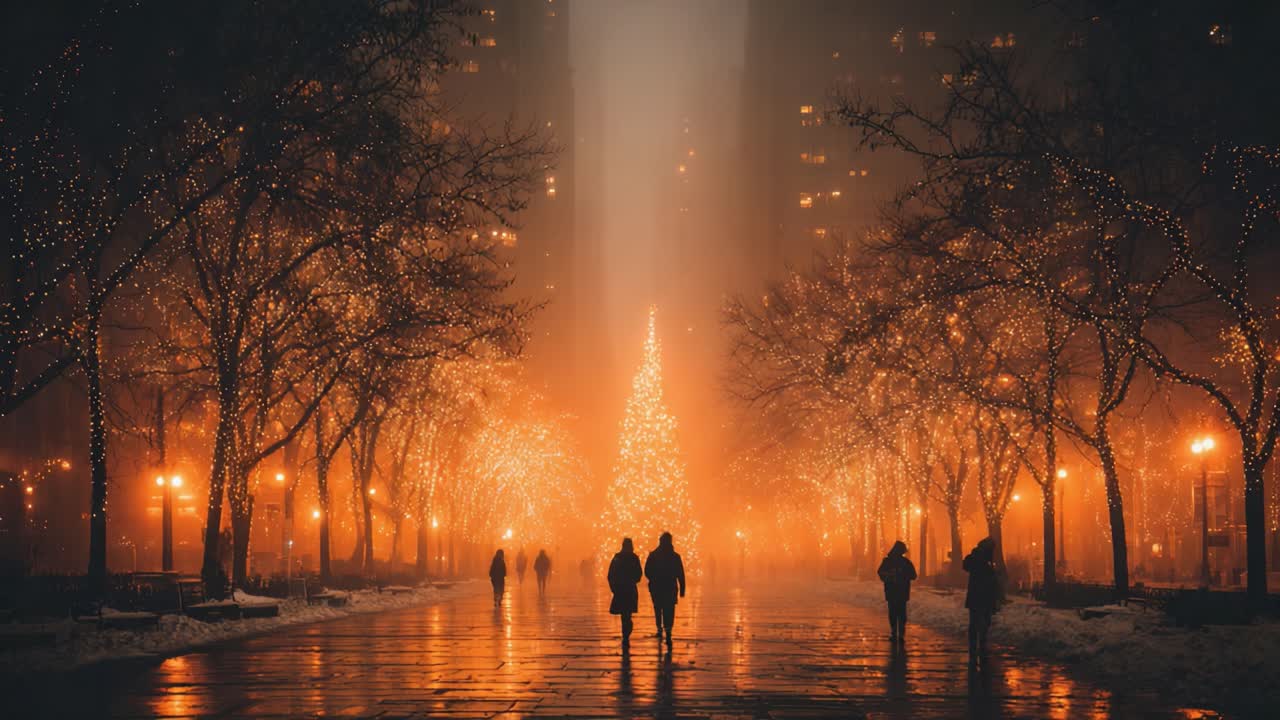 A Serene Nightscape Featuring a Glowing Christmas Tree Surrounded by Illuminated Trees and Mysterious Fog, Inviting a Sense of Wonder and Celebration