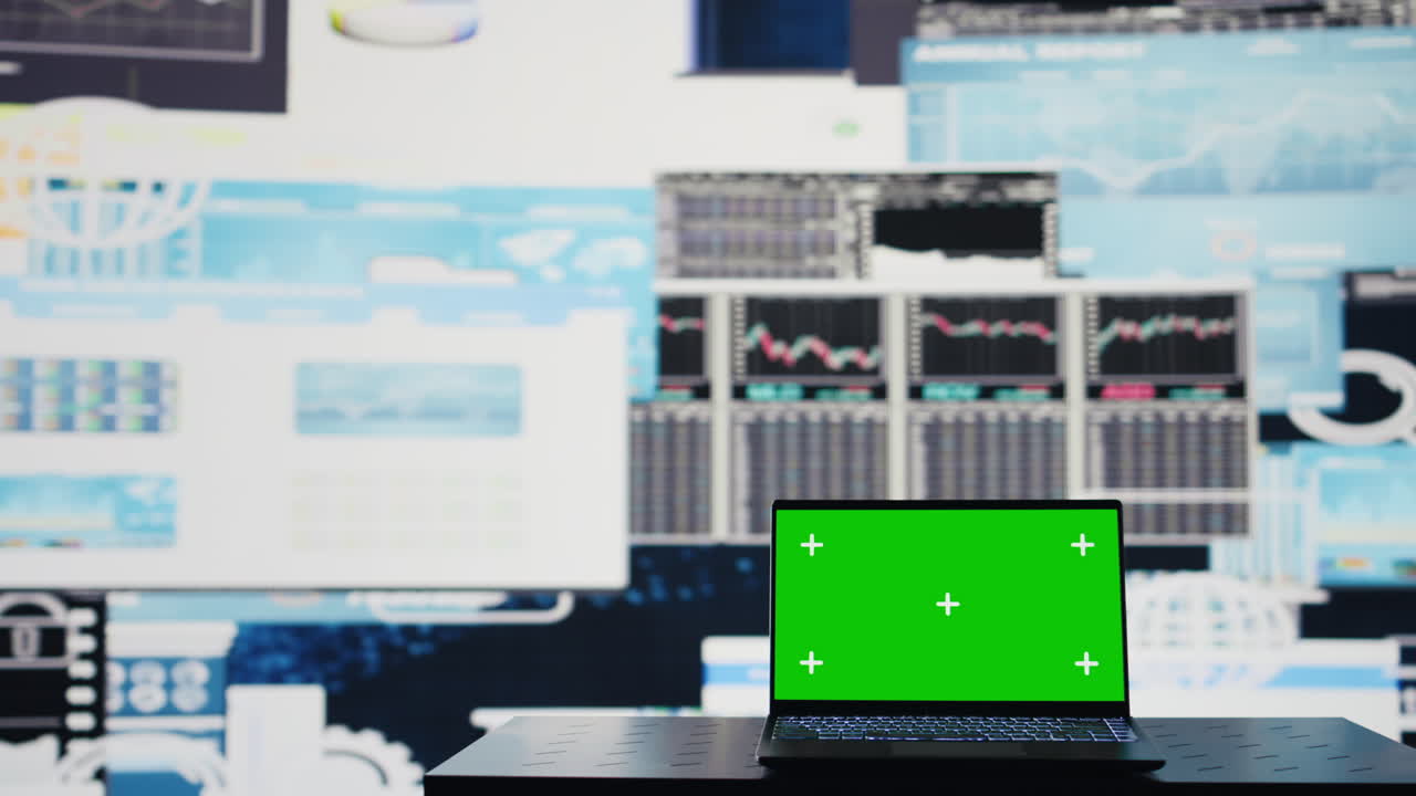 Laptop display shows green screen to help with strategy planning