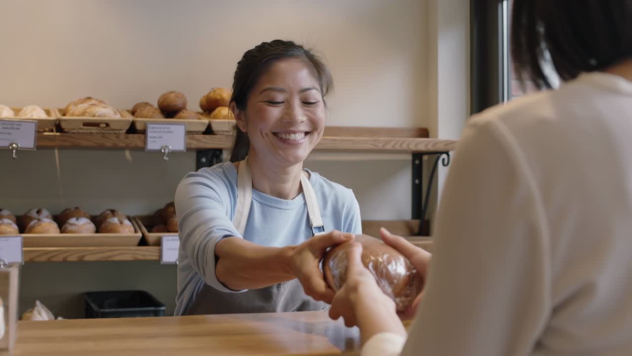 En bager rækker ud og tilbyder et indpakket brød ved disken på kundens anmodning, iført blå top og beige forklæde.
