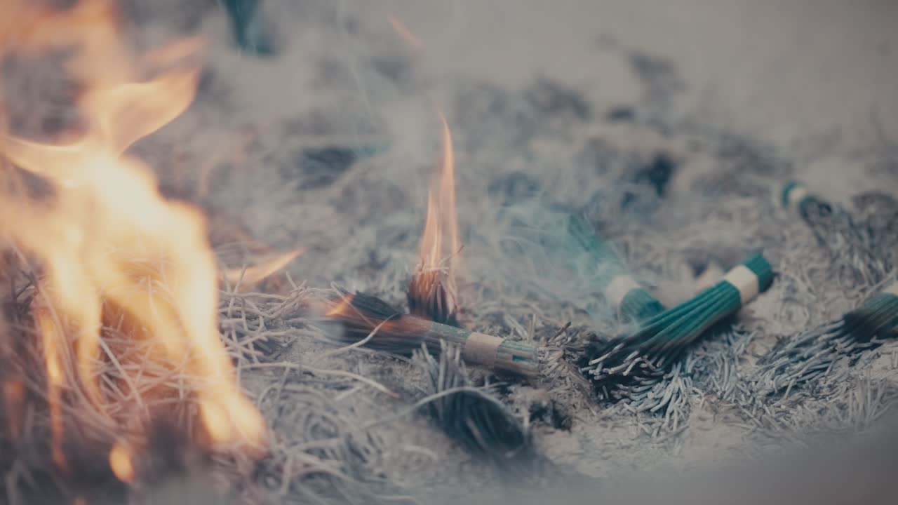 quemando palos de incienso en el santuario sintoísta de tokio, japón