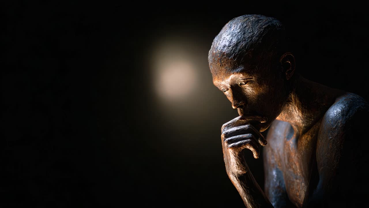 A contemplative bronze sculpture depicting a thoughtful figure, illuminated by soft light, showcasing intricate details and emotional depth in its expression