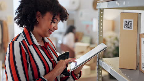 woman, boxes scanner and tablet in logistics