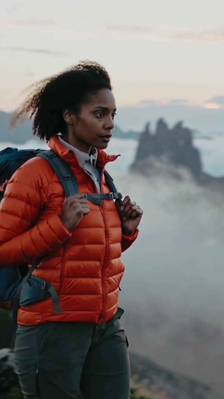 Vertical video: Seeing trail, hiker holding backpack strap while walking along ridge orange jacket