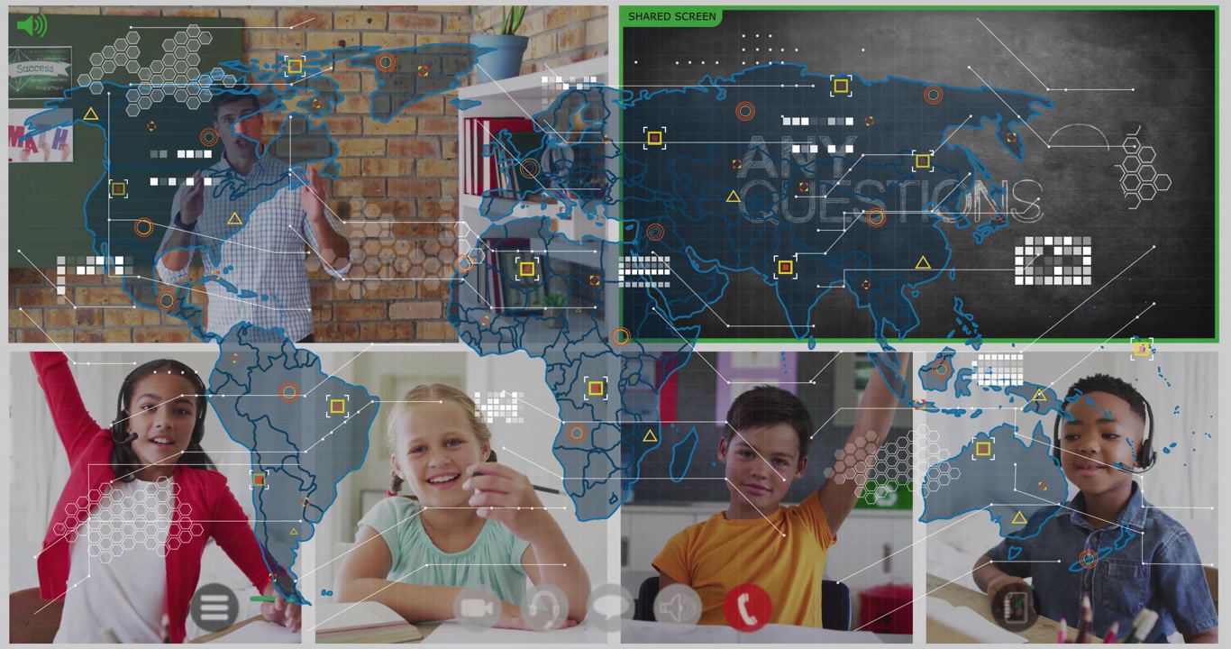 Teacher starting remote lesson splitting screen, overlaying map icons, kids raising hands