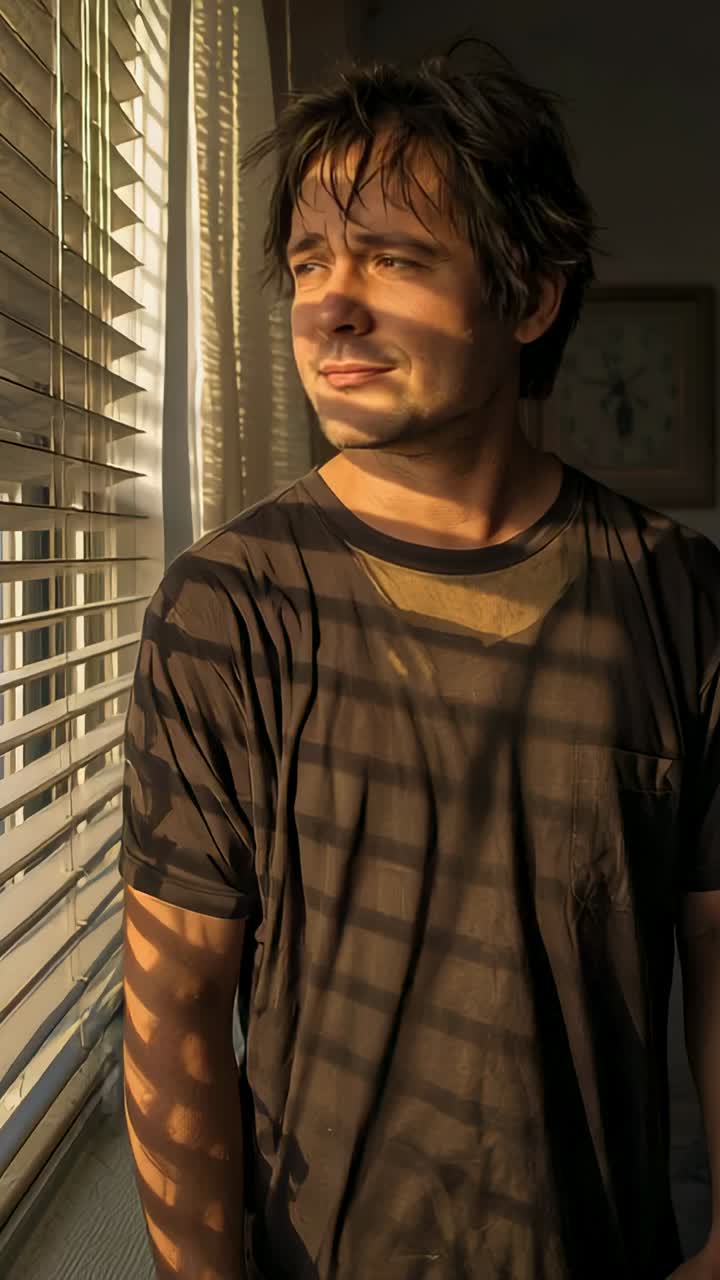 Vertical video: Streaming sunlight through blinds lighting man by window gazing scanning wall art