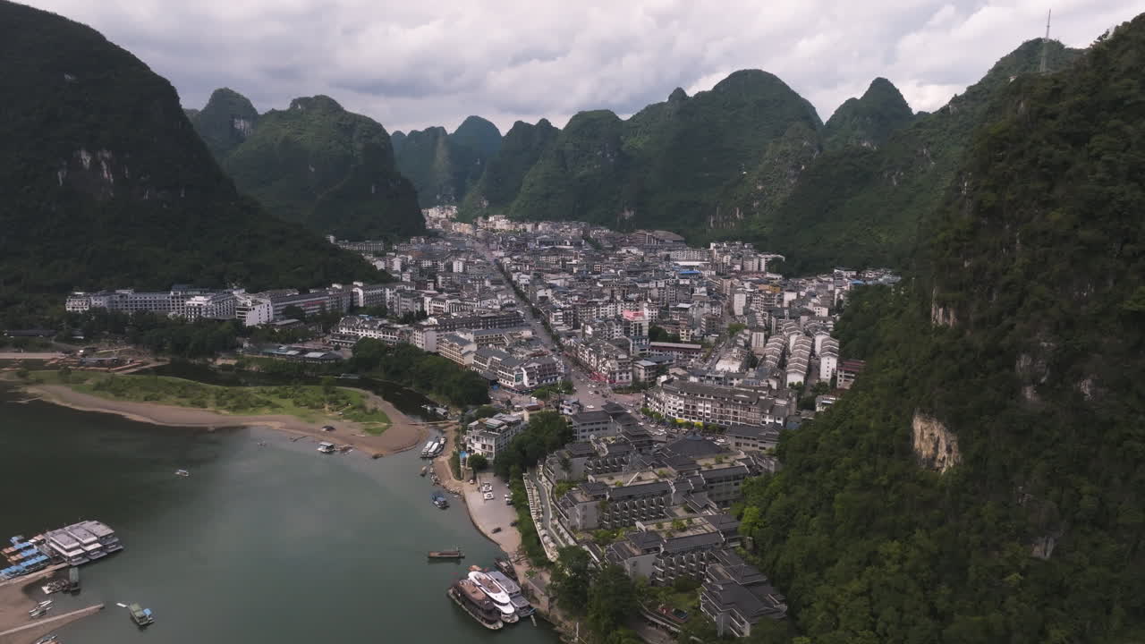 Aerial View of Guilin, China: Li River and Karst Mountains