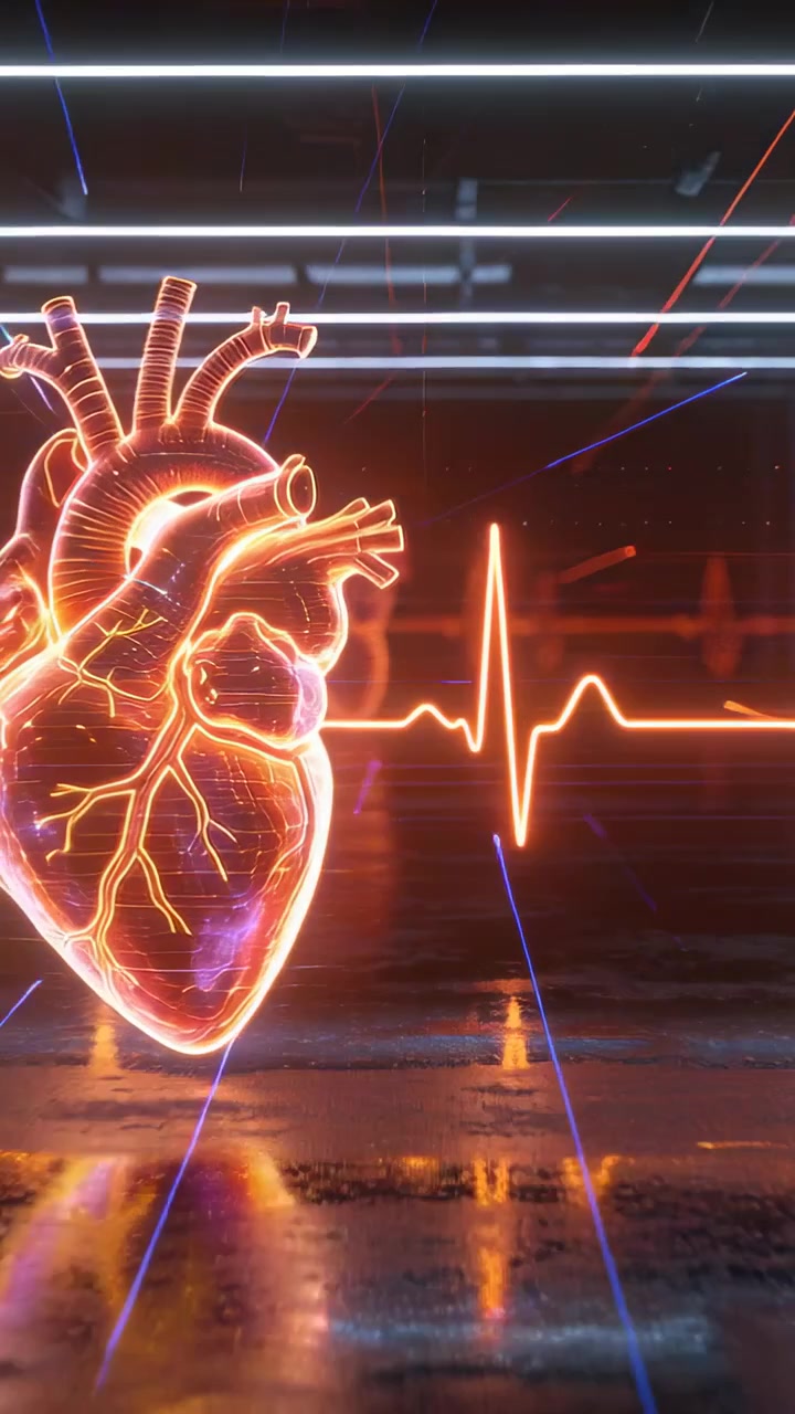 Vertical video: Pulsing neon heart brightening left in studio, ECG pulse driving glow, copy space