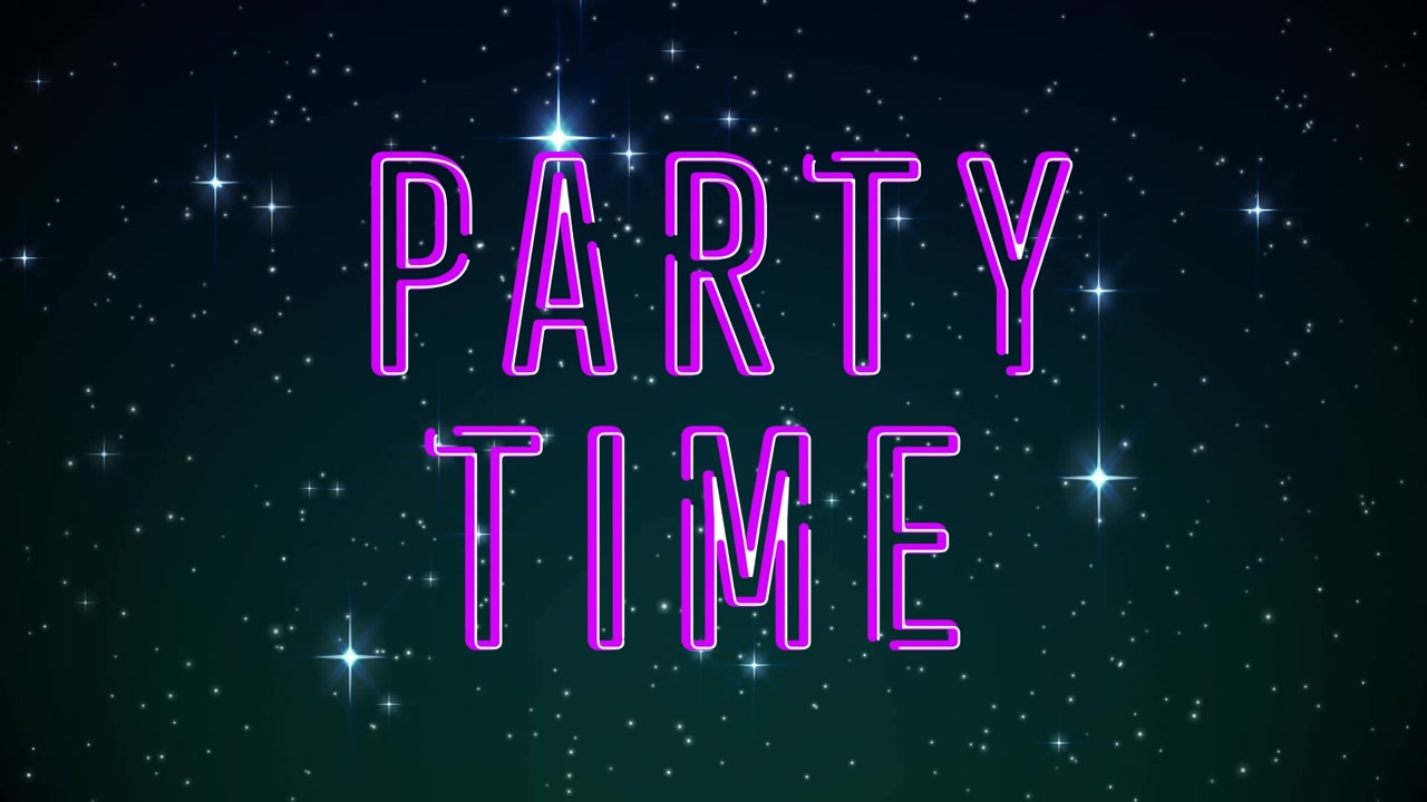Digitální animace fialového neonového textového banneru „Party Time“ na černém pozadí.