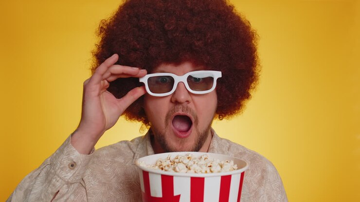 Uomo che guarda un film con occhiali 3D e mangia popcorn