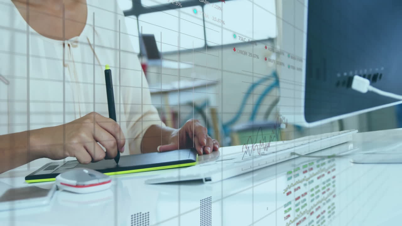 Animation of financial data processing over biracial businesswoman using tablet in office