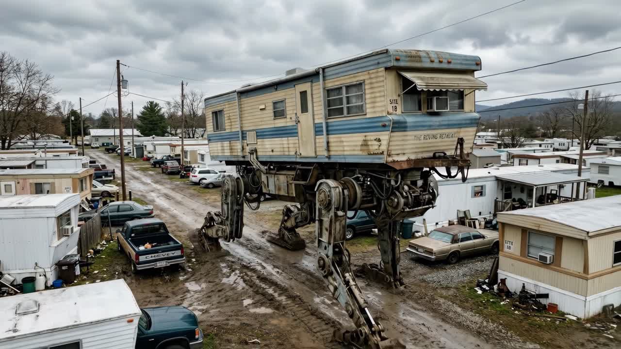 Gigantisk mekanisk tilhenger går gjennom en dystopisk trailerpark