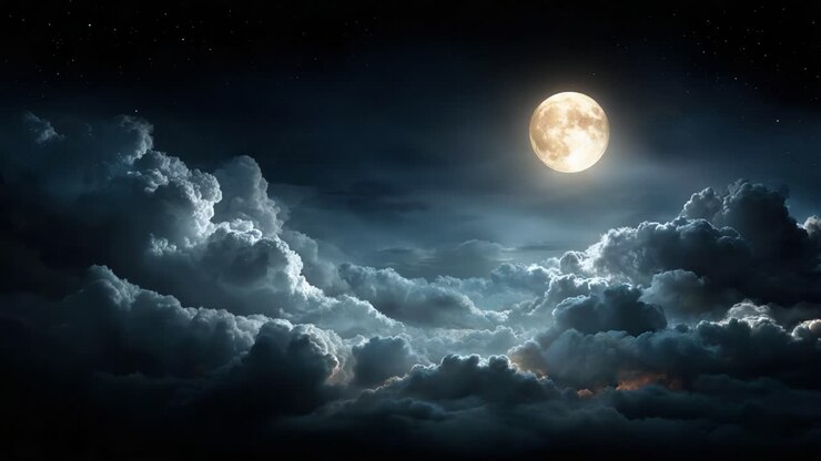Uma cena noturna hipnotizante com uma lua cheia brilhante iluminando as nuvens majestosas em um céu estrelado, criando uma atmosfera serena e sonhadora