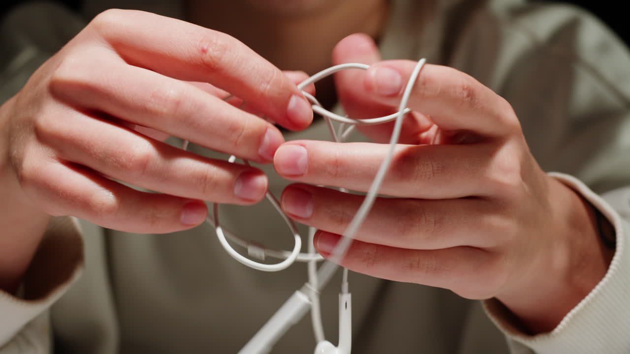 Person fixing tangled headphones