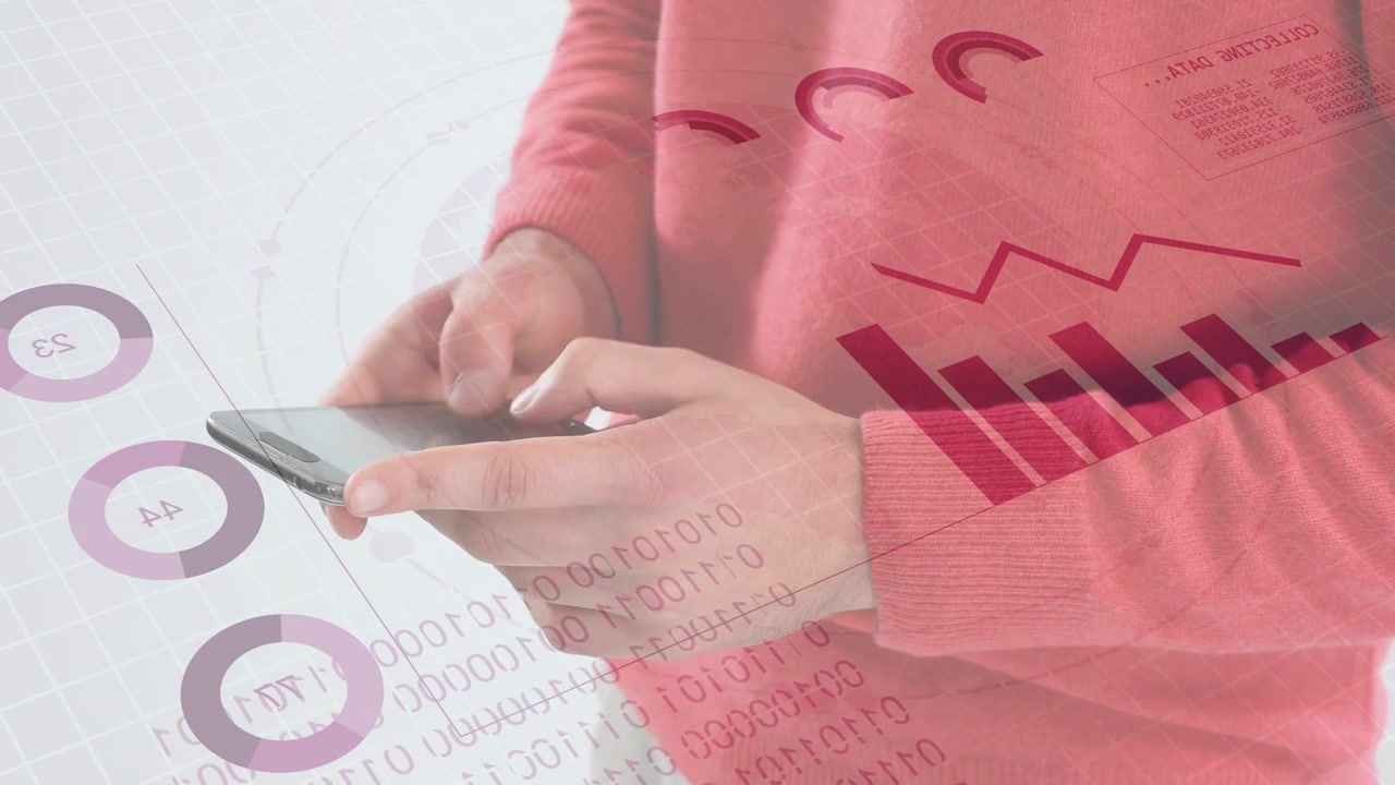 Uomo che tiene il telefono, ispeziona lo schermo e tocca, causando l'aggiornamento dei grafici HUD per l'analisi aziendale