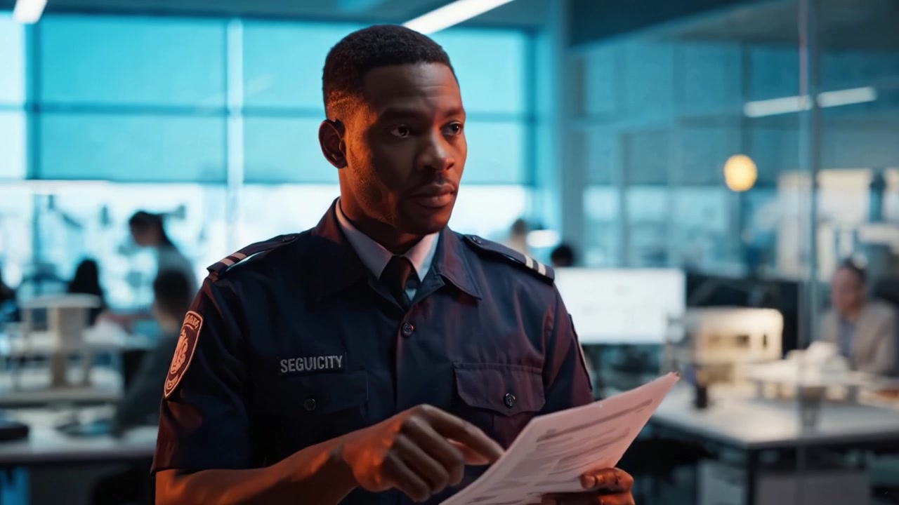 Focused Security Personnel Analyzing Reports in a Modern Office Environment, Exhibiting Professionalism and Attention to Detail in Their Duties and Responsibilities.