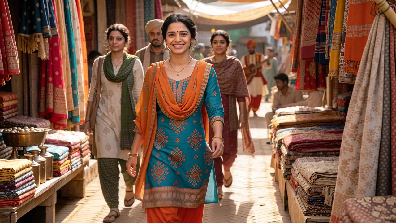 Die Kamera zoomt heran auf eine Frau in blauem Kurta und orangefarbenem Salwar, die in einer sonnenbeschienenen Textilgasse einkauft.