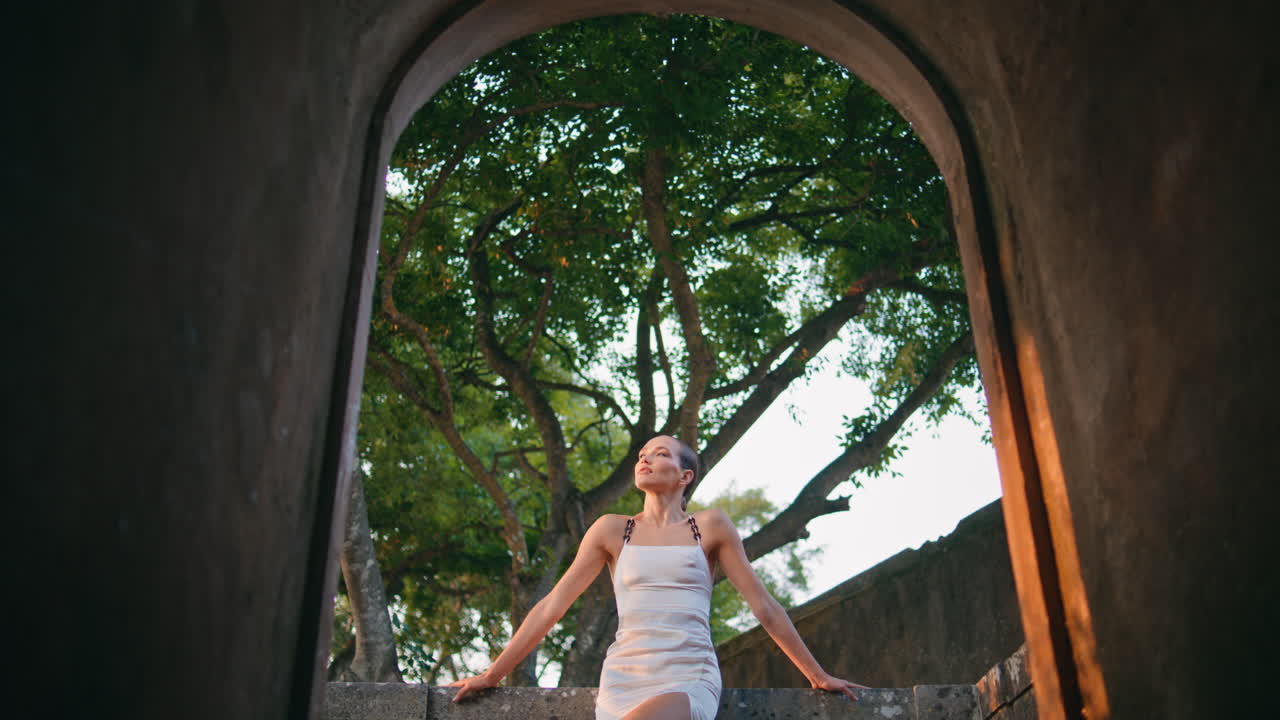 hermosa chica de pie palacio en vestido elegante vista desde el arco. mujer posando